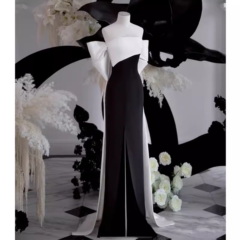 Modest A Line Strapless Long Sleeveless Satin Black Prom Dresses P1234
