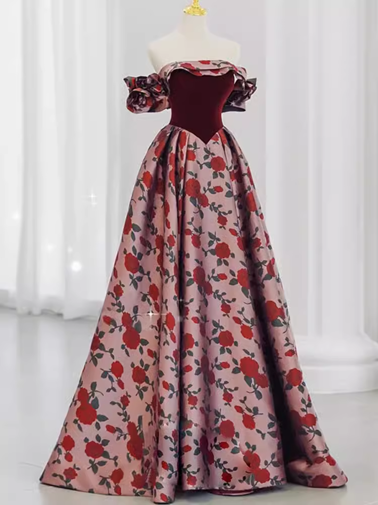 Beautiful A line Off The Shoulder Long Floral Prom Dress P1328