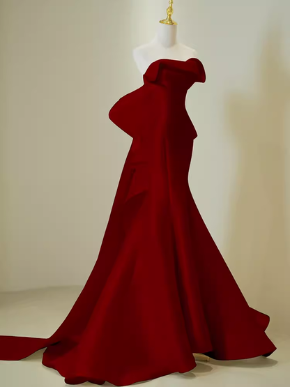 Simple Mermaid Strapless Long Red Prom Dress Evening Dress P1365