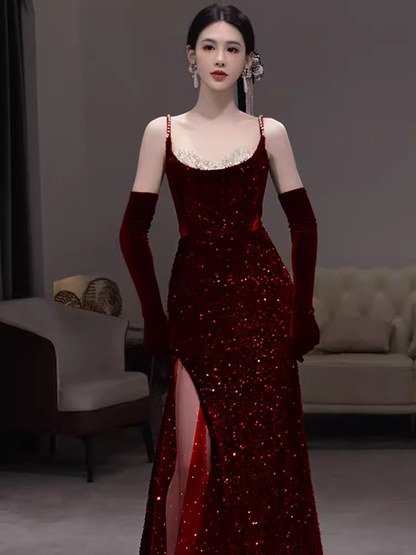 Beautiful Mermaid Straps Slit Burgundy Long Prom Dress P1366