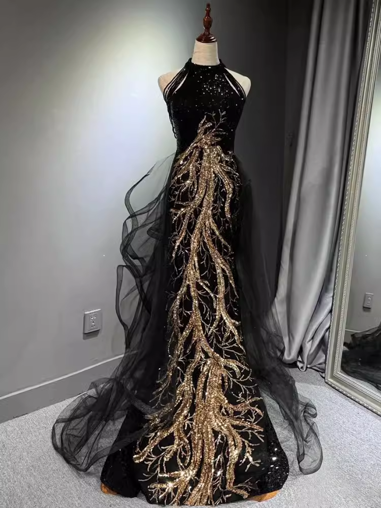 Modest Mermaid Halter Long Black Prom Dress P1423