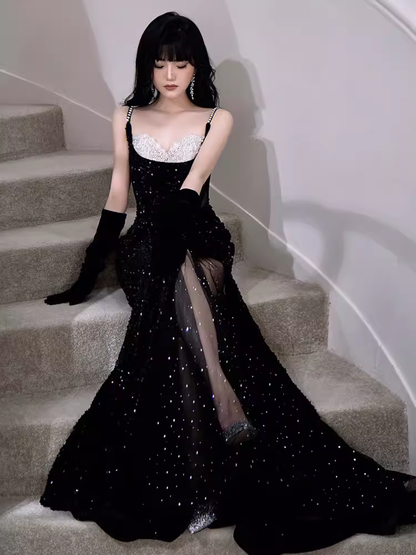 Modest Mermaid Straps Sleeveless Long Black Sequin Prom Dress P1425