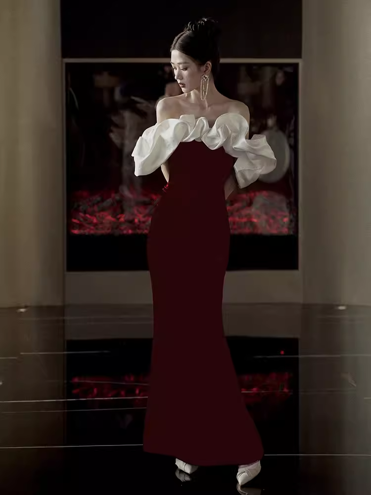 Modest Mermaid Off The Shoulder Long Red Satin Prom Dress P1427