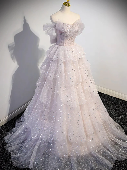 Ball Gown Off Shoulder Tulle Sequin Light Pink Long Prom Dress P1583