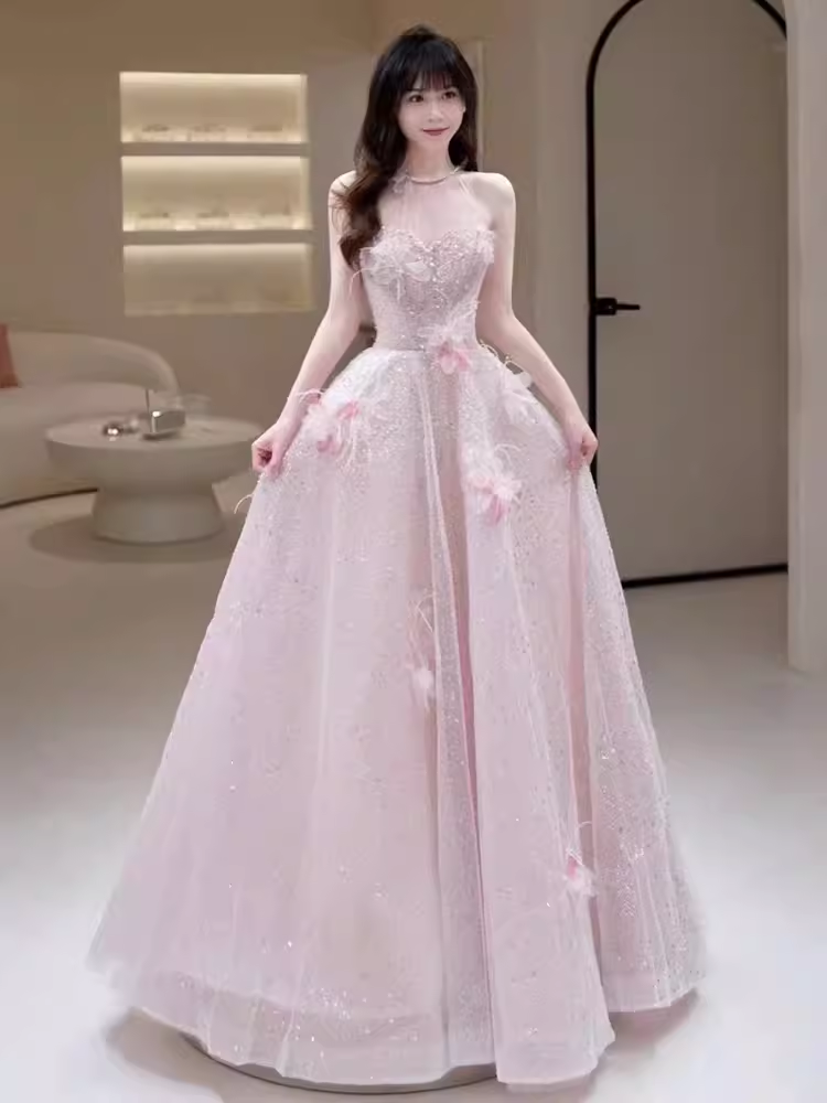 Princess Pink Sequin Long Prom Dress Party Dresses P1609