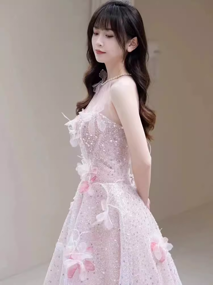 Princess Pink Sequin Long Prom Dress Party Dresses P1609