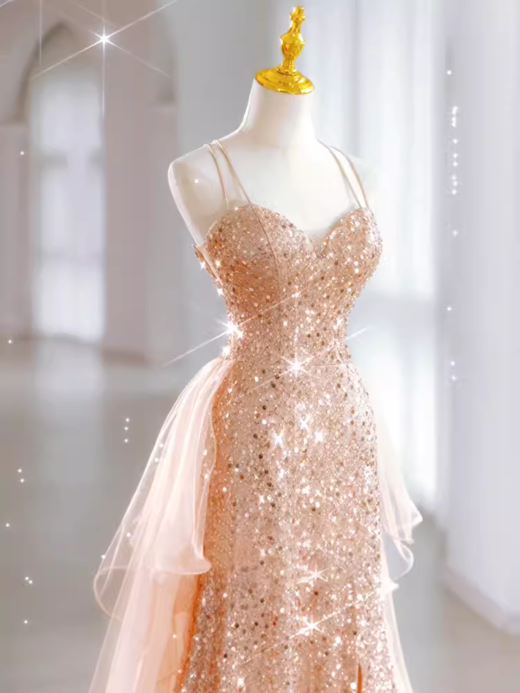 Sparkly Sheath Champagne Sequin Long Prom Dress Party Dresses P1614