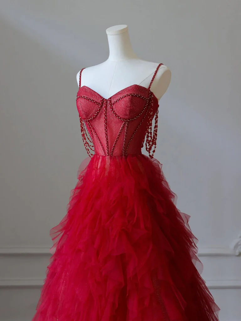 A-Line Sweetheart Neck Tulle Beads Burgundy Long Prom Dress P1615