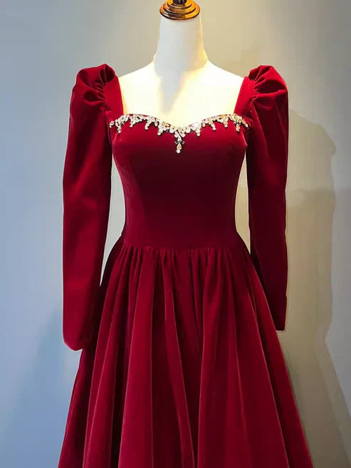 girlhomeshops-Vintage elegant long sleeve A-line red velvet formal prom dress prom gown gh5750