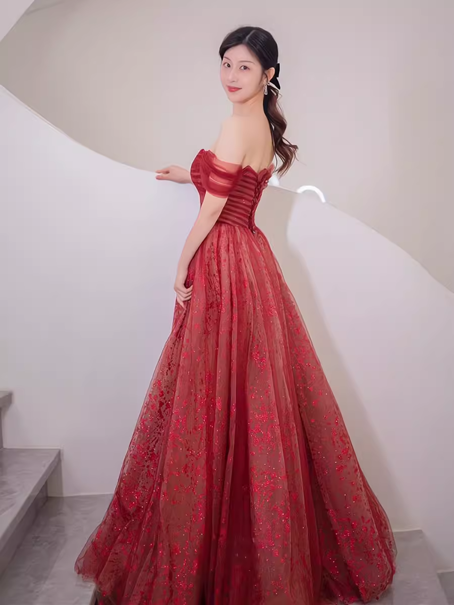 Ball Gown Strapless Burgundy Tulle Prom Dresses Evening Dress P1989