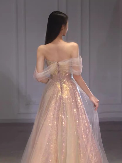 A Line Strapless Sequin Pink Prom Dresses Long Evening Dress P2025