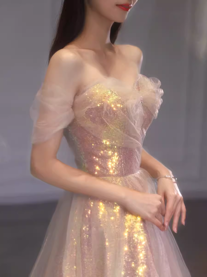 A Line Strapless Sequin Pink Prom Dresses Long Evening Dress P2025