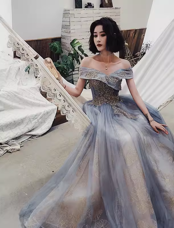 A line Off The Shoulder Gray Prom Dresses Long Evening Dress P2027