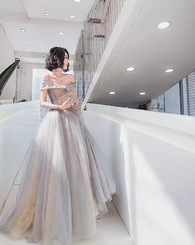A line Off The Shoulder Gray Prom Dresses Long Evening Dress P2027