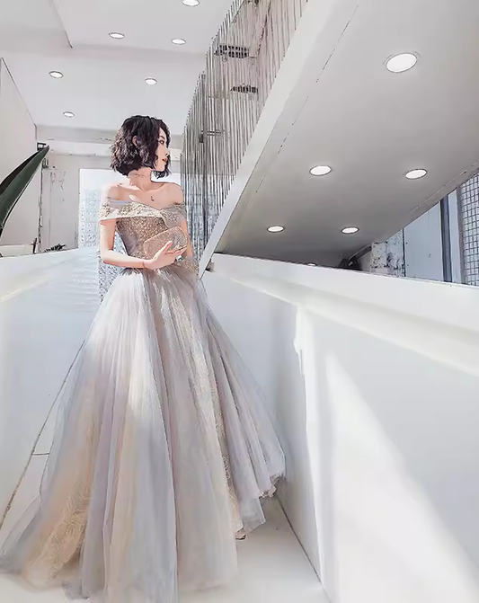 A line Off The Shoulder Gray Prom Dresses Long Evening Dress P2027