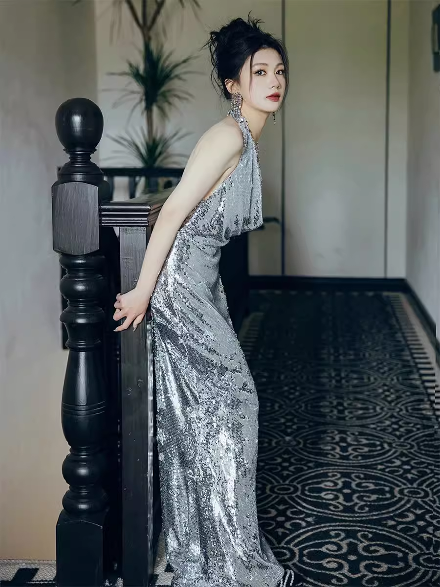 Sexy Mermaid Silver Sequin Prom Dresses Evening Dress P2155