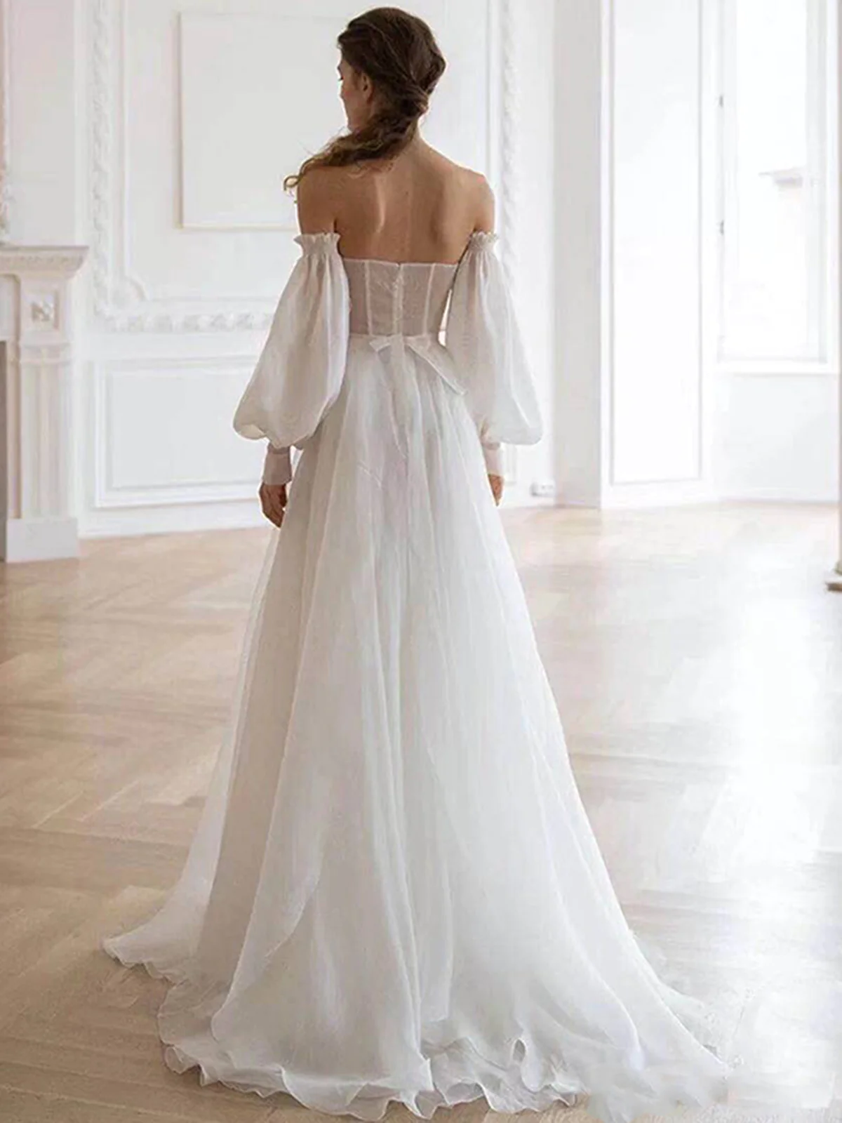 A line White Long Organza Prom Dress Formal Dresses P2202