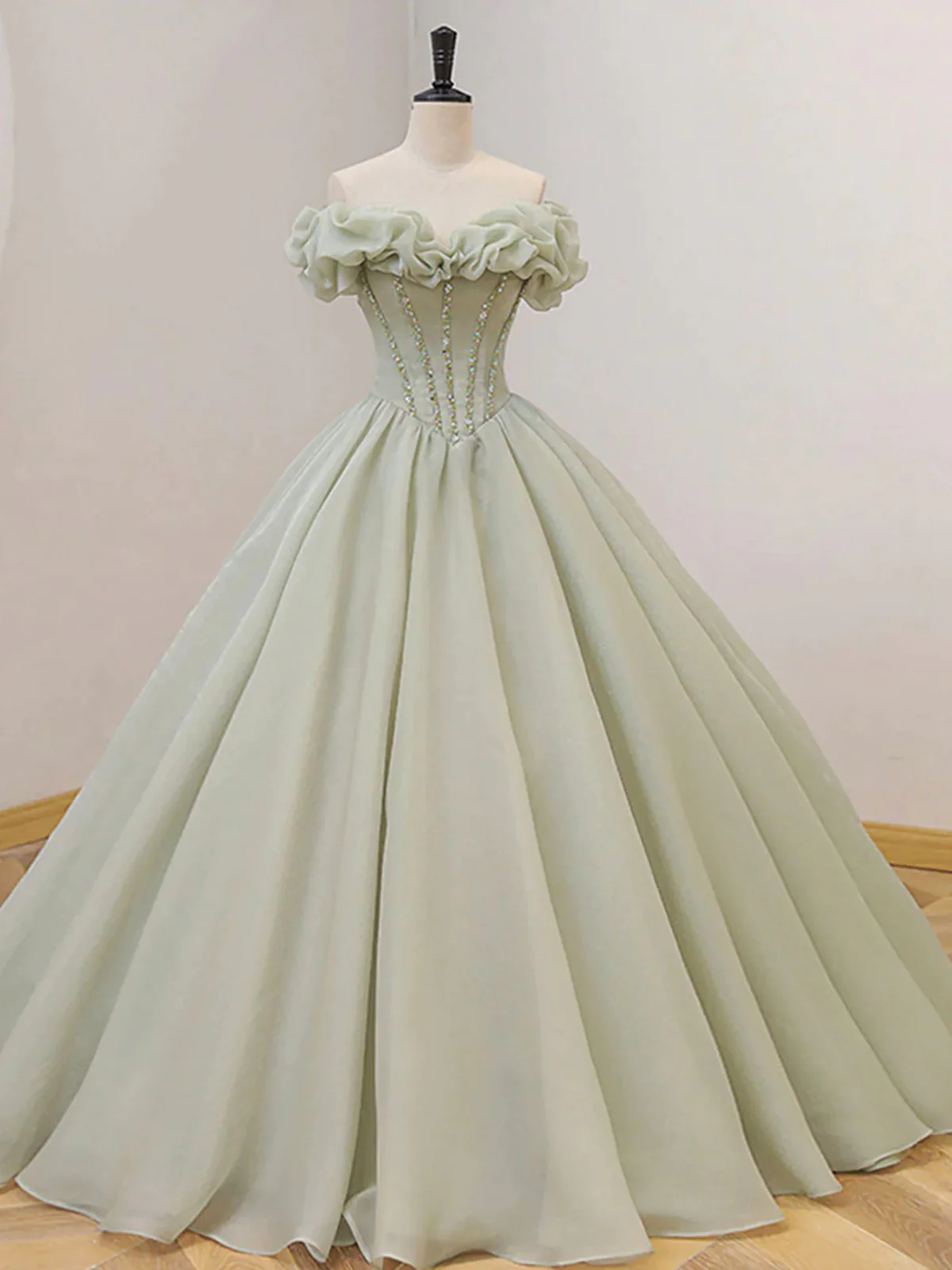 Off the Shoulder Green Tulle Beaded Prom Dresses P2204