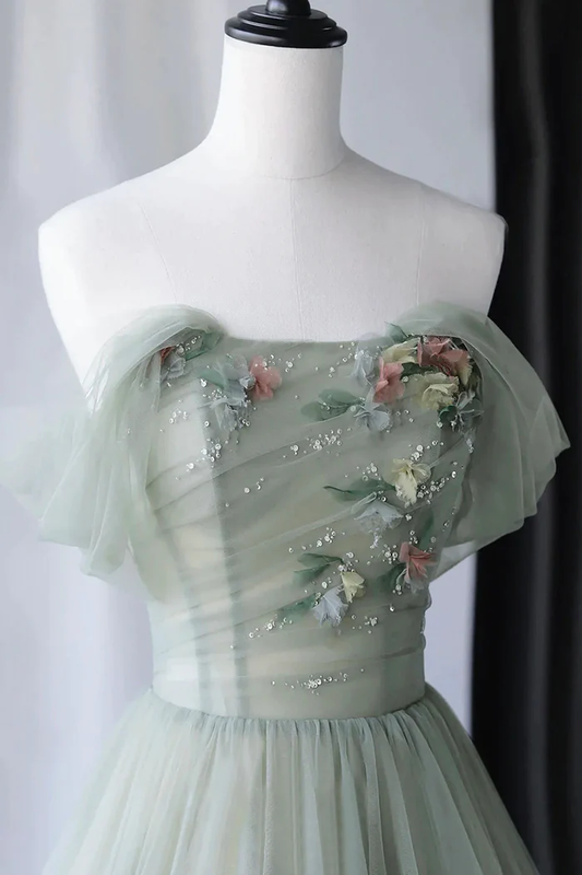 Cute Gray Green Tulle Long Prom Dress P2208