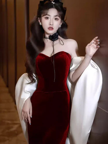 Burgundy Fashion Elegant Mermaid Off-shoulder Long Slim Velvet prom dress Evening Dress Party Dress gh3574