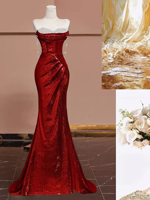 Burgundy gorgeous shiny sexy mermaid sequins long elegant floor-length ball gown evening dress gh3572