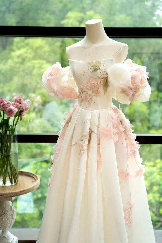 girlhomeshops- Vintage Pink-White 3D Floral Off-Shoulder Swing Forest-Style Evening Gown gh6033