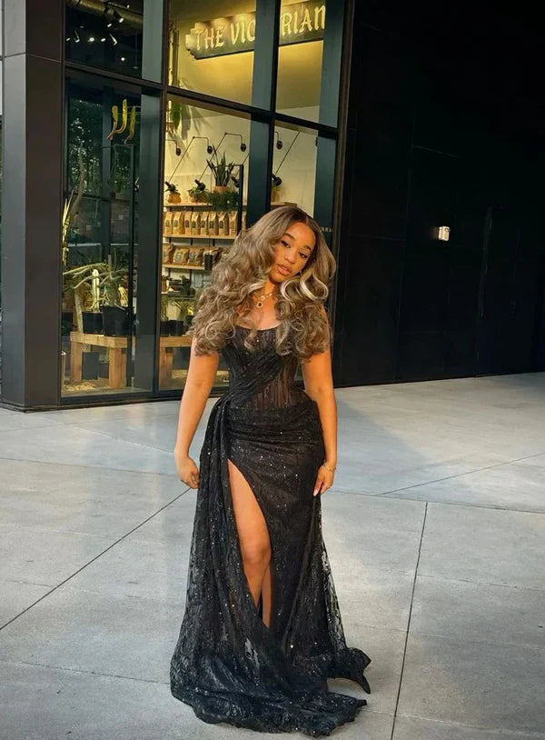 Gorgeous Glittering Black Beaded Strapless Mermaid High Slit Prom Dress Evening Dress TP4328