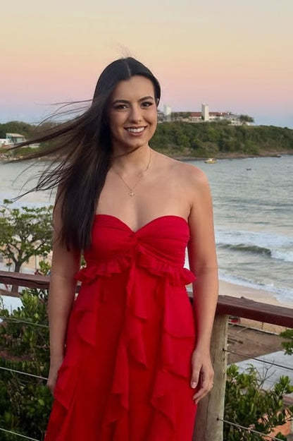 Red A-Line Sweetheart Strapless Ruffle Long Party Prom Dress