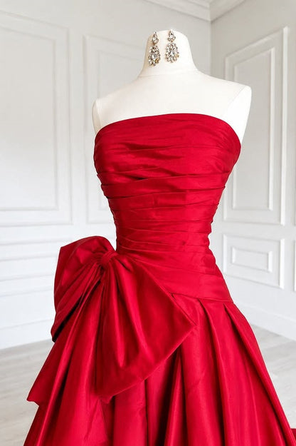 Red Satin A-Line Empire Pleated Strapless Maxi Party Prom Dress