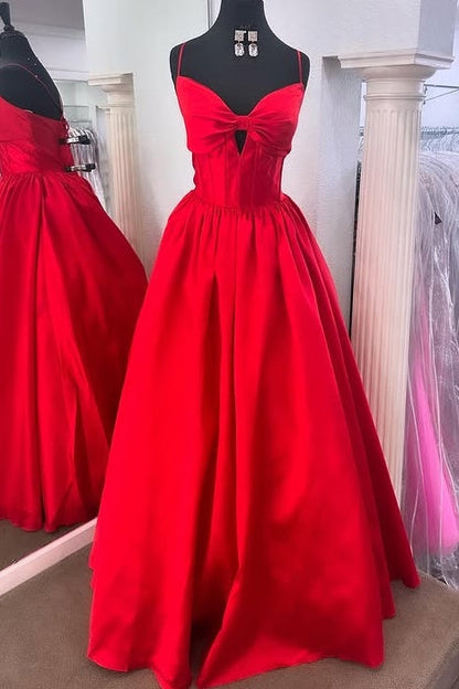 Red Satin A-Line Sleeveless Long Party Prom Dress