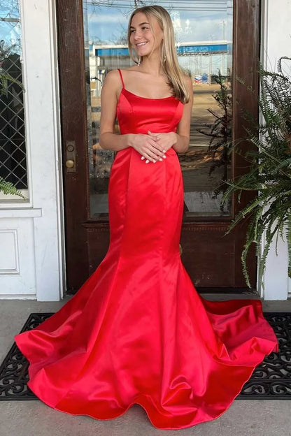 Red Satin Bateau Backless Mermaid Party Prom Dress With Train