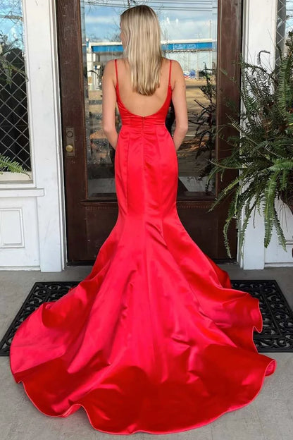 Red Satin Bateau Backless Mermaid Party Prom Dress With Train