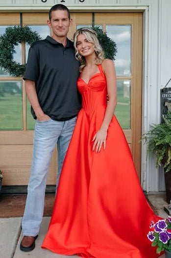Red Satin Sweetheart Halter Party Prom Dress With Train