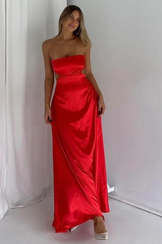 Red Strapless Empire Lace Up A-Line Party Prom Dress
