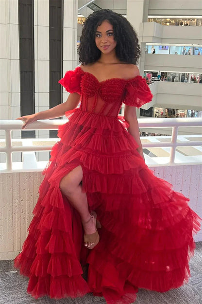 Red Sweetheart Short Sleeves Tulle A-Line Tiered Party Prom Dress