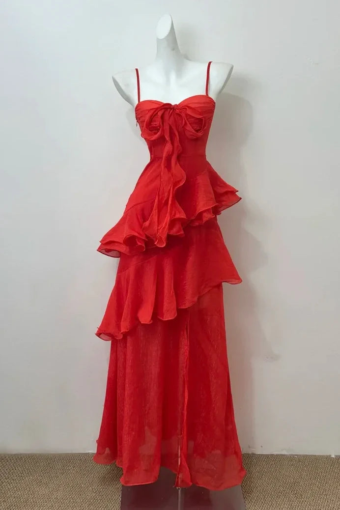 Red Sweetheart Spaghetti Straps Ruffled Party Prom Dress