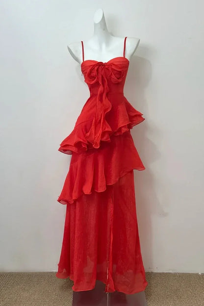 Red Sweetheart Spaghetti Straps Ruffled Party Prom Dress