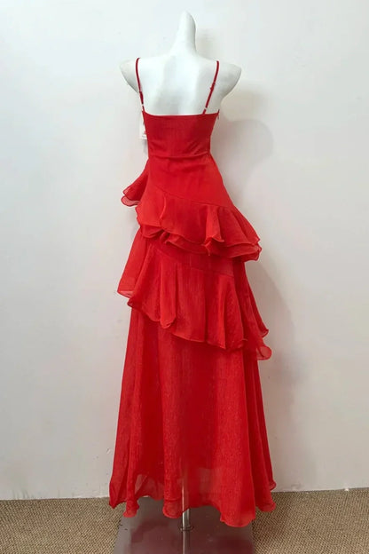 Red Sweetheart Spaghetti Straps Ruffled Party Prom Dress