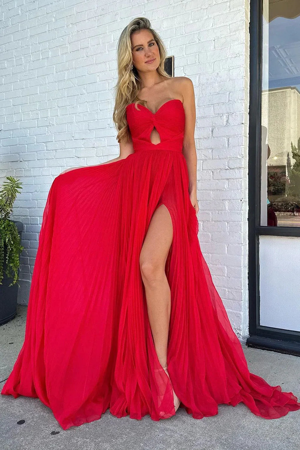 Red Sweetheart Strapless Chiffon A-Line Empire Party Prom Dress