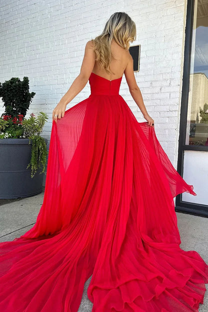 Red Sweetheart Strapless Chiffon A-Line Empire Party Prom Dress