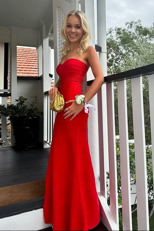 Red Sweetheart Strapless High Waist Satin Maxi Party Prom Dress