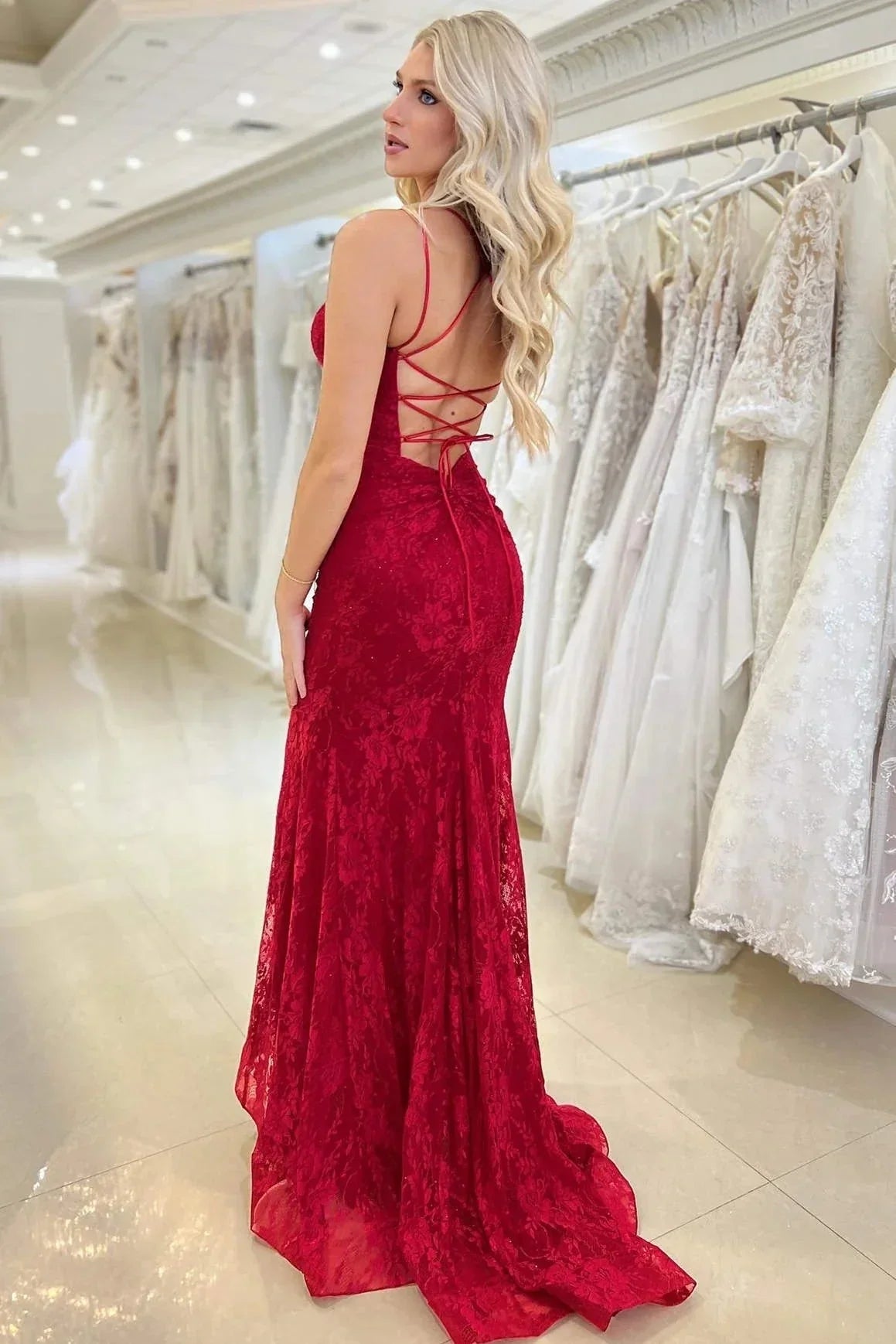 Red V-Neck Lace Up Lace Mermaid Party Prom Dress