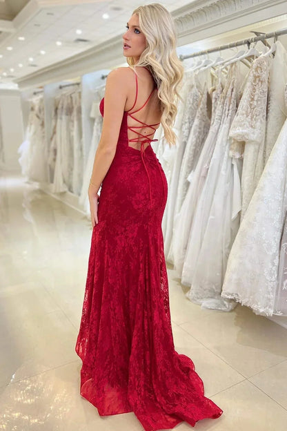 Red V-Neck Lace Up Lace Mermaid Party Prom Dress