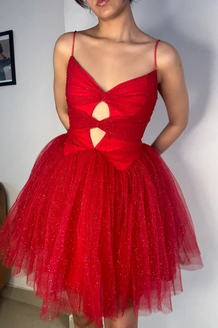 Red V-Neck Spaghetti Straps Tulle A-Line Homecoming Dress
