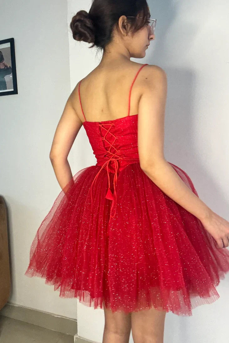Red V-Neck Spaghetti Straps Tulle A-Line Homecoming Dress