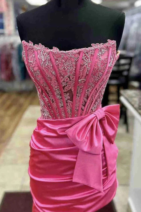 Red Strapless Sheath Off-the-Shoulder Pleated Homecoming Dress
