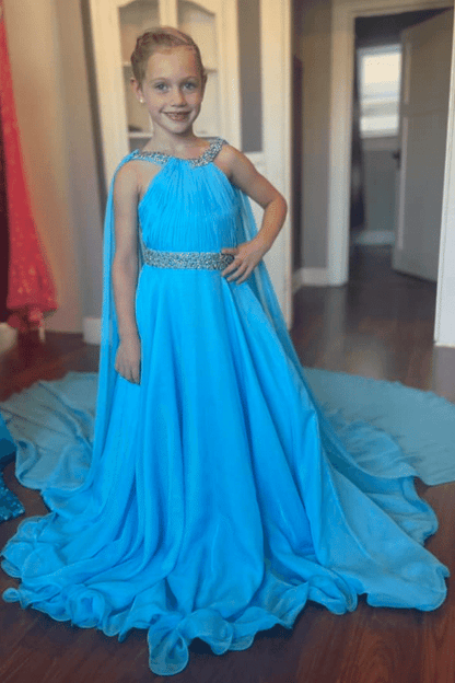 Round Empire Beaded Chiffon A-Line Girl Pageant Dress With Train
