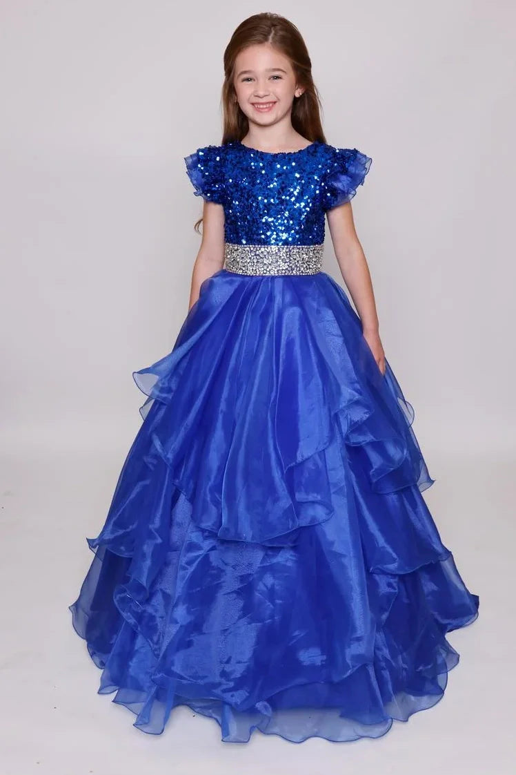 Round Ruffled A-Line Empire Beaded Tiered Girl Pageant Dress