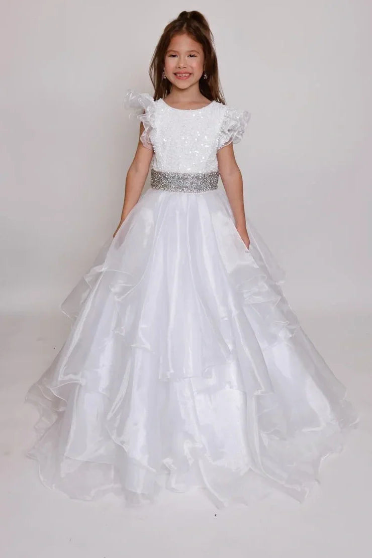 Round Ruffled A-Line Empire Beaded Tiered Girl Pageant Dress