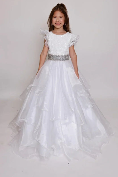 Round Ruffled A-Line Empire Beaded Tiered Girl Pageant Dress